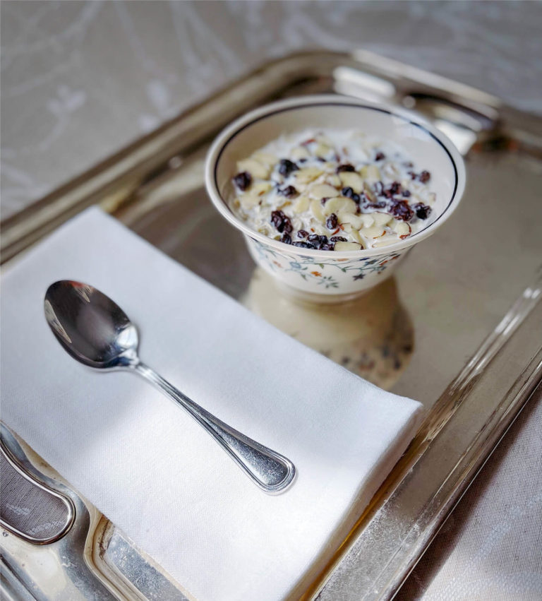 muesli on a silver tray